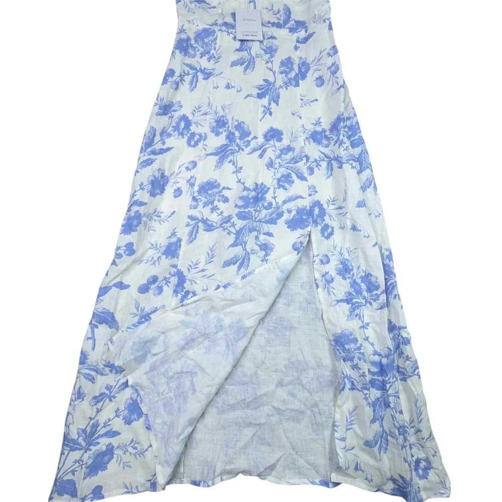 & OTHER‎ STORIES Blue White Floral Maxi Dress Linen Size 4 Cottagecore NEW - Picture 2 of 14